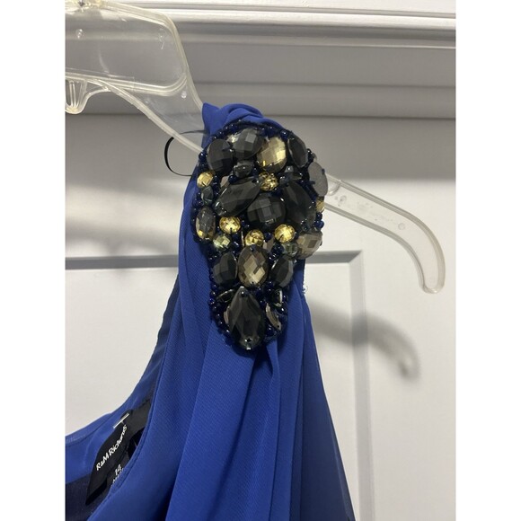 R&M Richards Embellished One Shoulder Chiffon Dress Size 14 Blue Ombré Cocktail - Picture 3 of 7